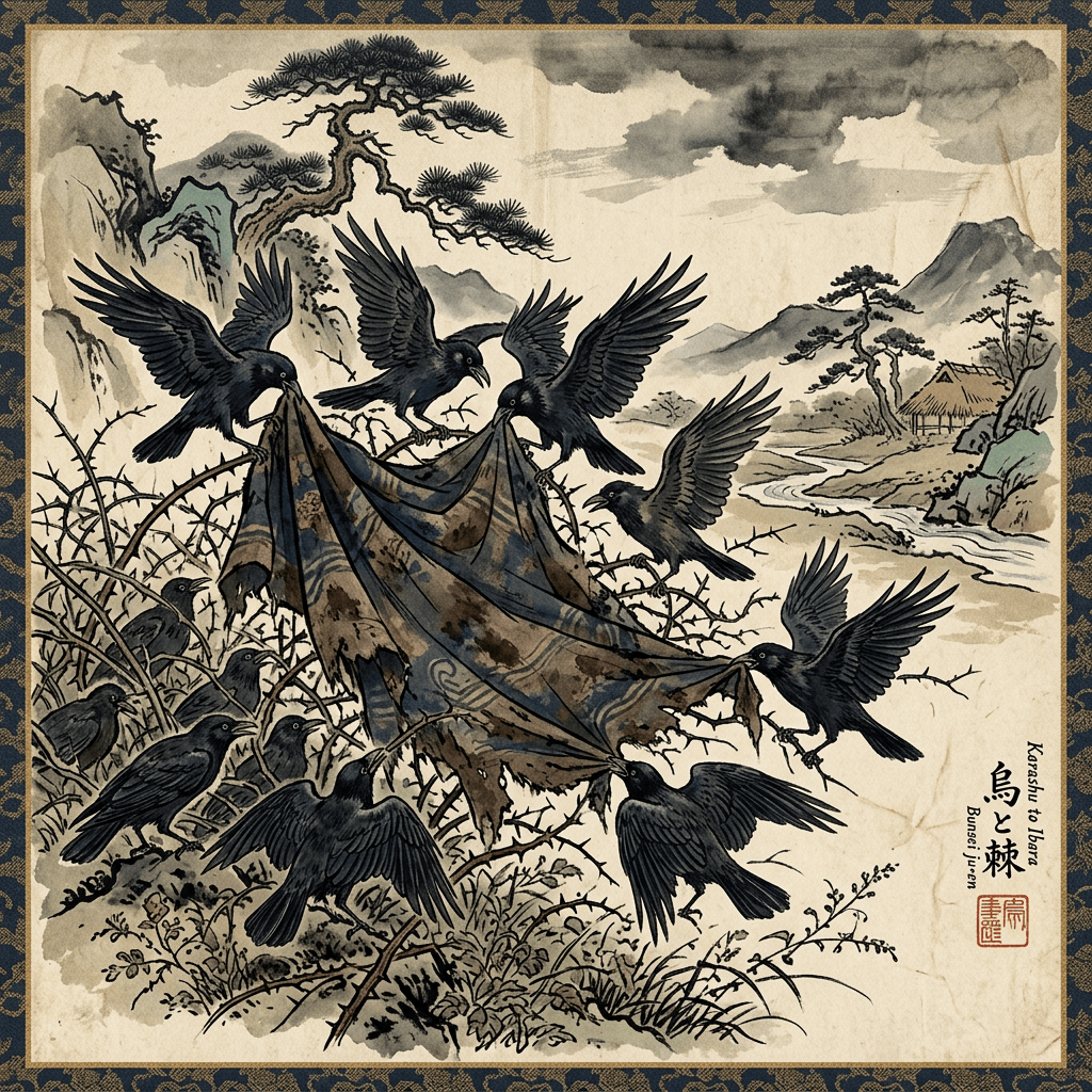 Japanese-style print of crows around a thorny tent; text reads “Karasu to Ibara,” “烏と棘,” and “Bunsei Jun.”