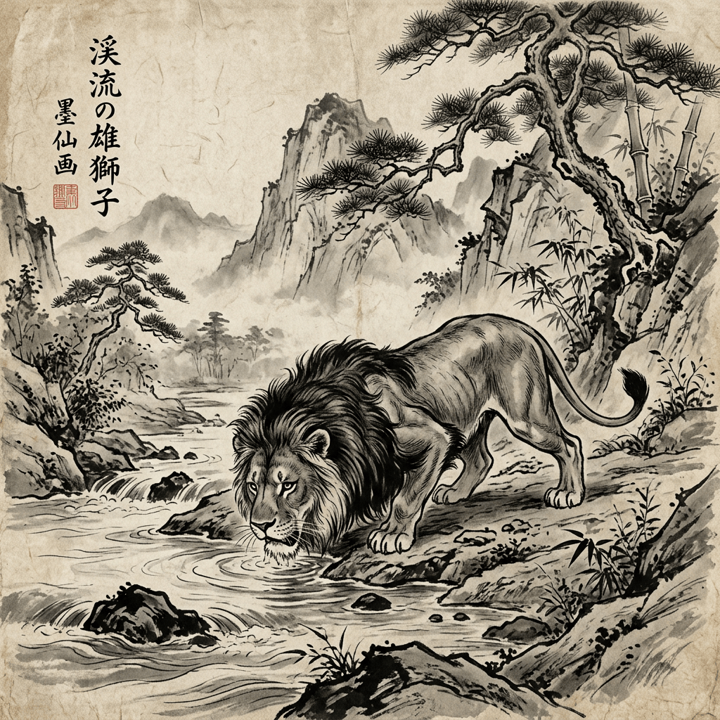 Japanese ink painting of a lion drinking from a stream, with text 「溪流の雄獅子 墨仙画」