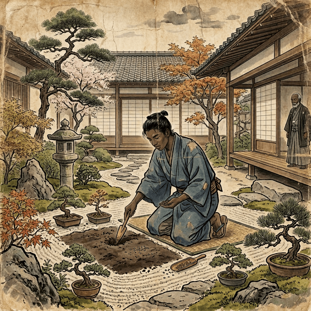 Gardener planting in a Japanese courtyard garden beside bonsai trees