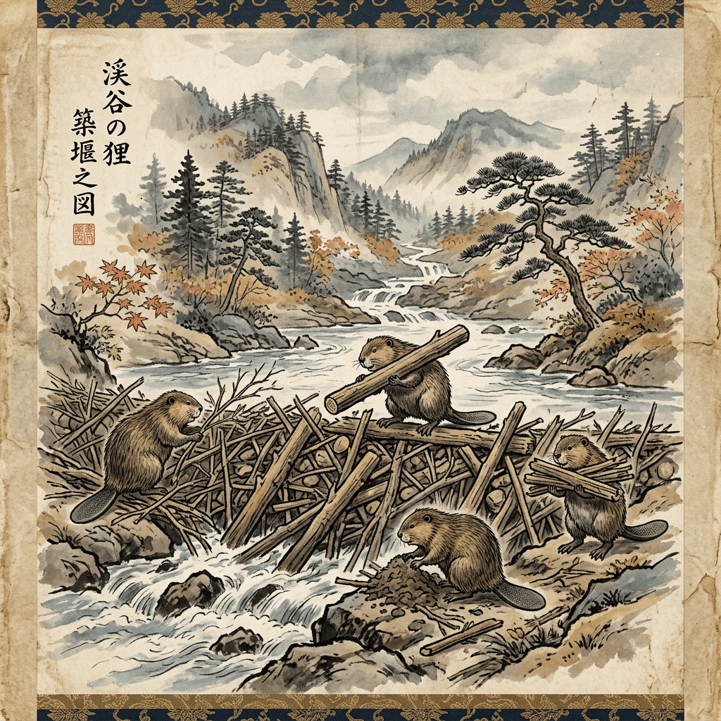 Four beavers building a dam across a mountain stream