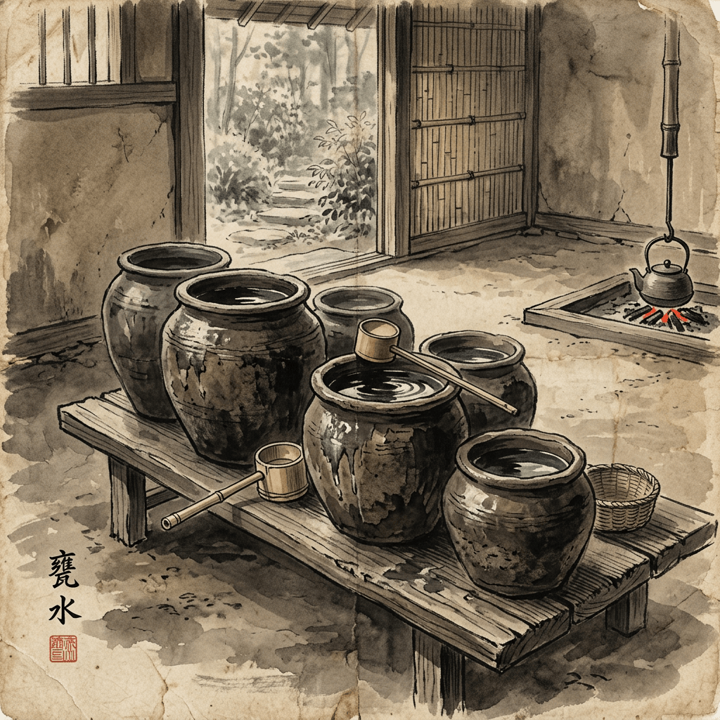 Four ceramic jars on a wooden bench beside a kettle, with calligraphy reading 甕水.
