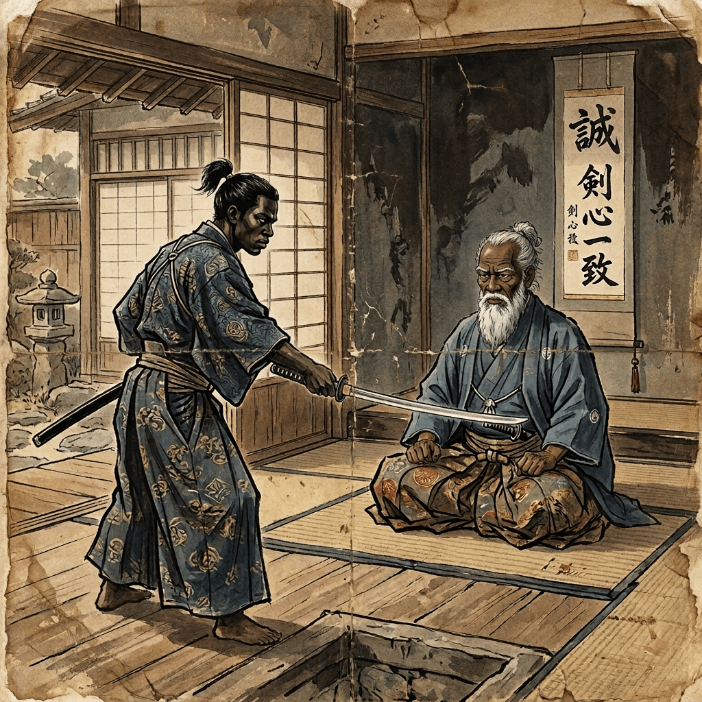 Young swordsman presenting a blade to an elderly master in a Japanese dojo