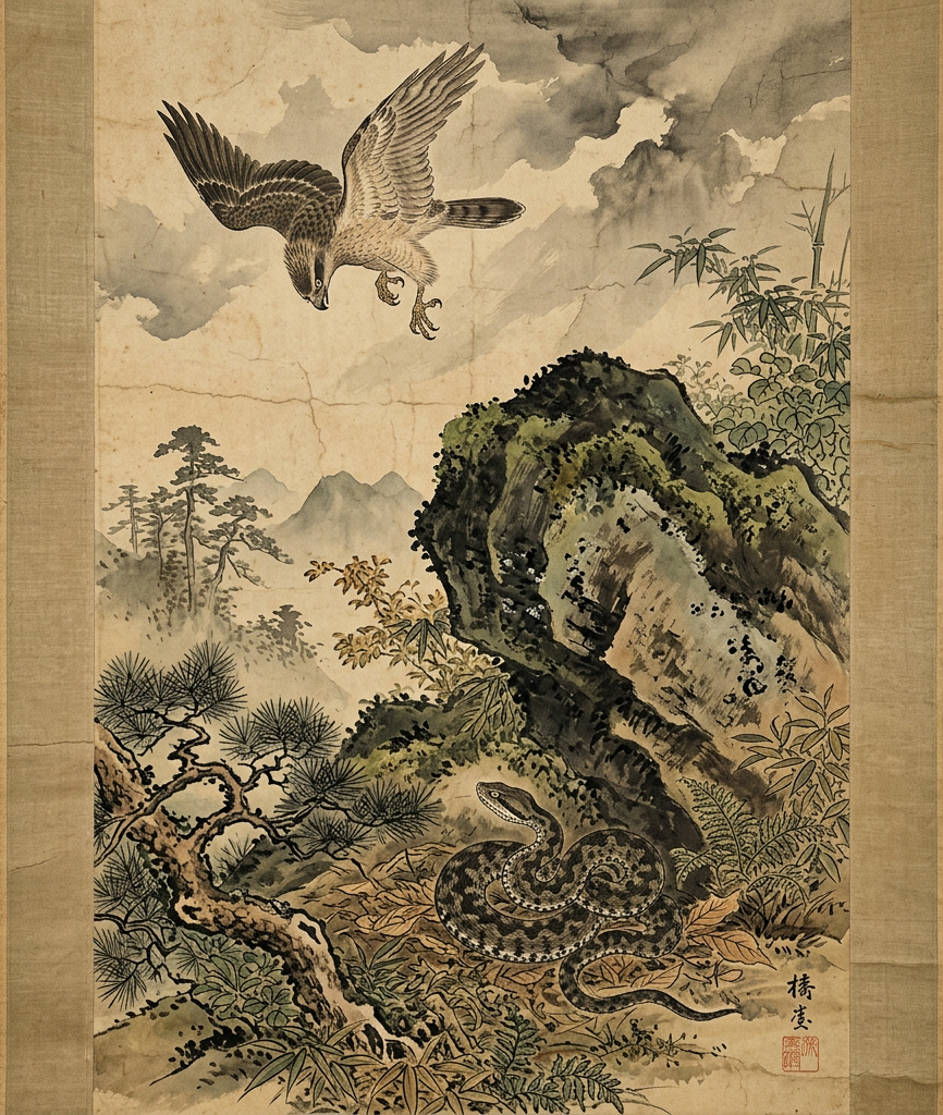 Japanese landscape painting showing a hawk, coiled snake, rocks, trees, and mountains