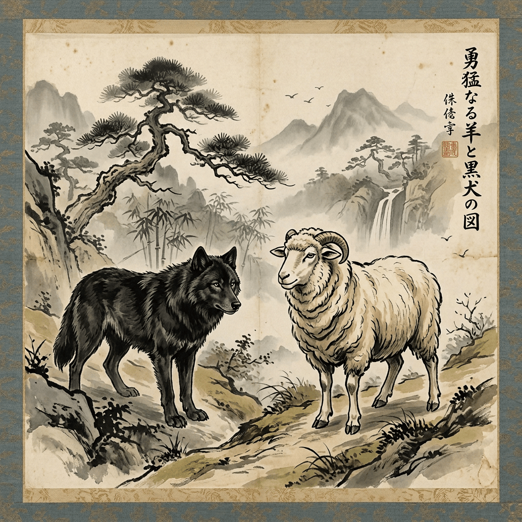 Black dog and white ram in a Japanese mountain landscape