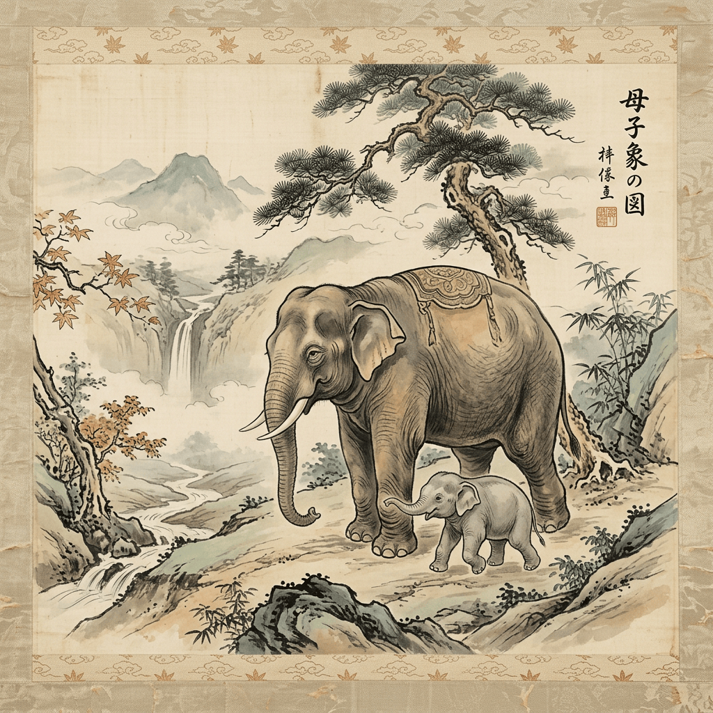 Japanese-style scroll showing a mother elephant, calf, waterfall, mountains, and text 母子象の図