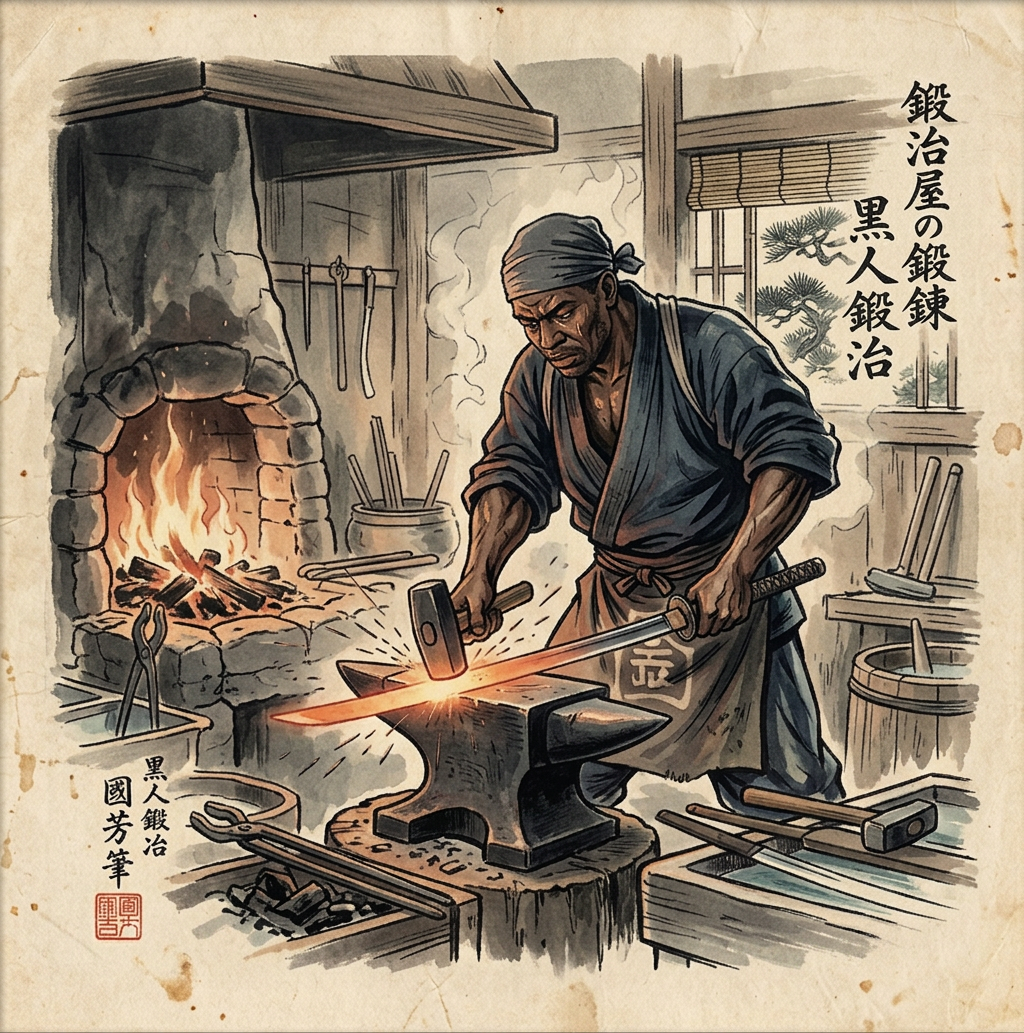 Blacksmith hammering glowing metal beside a forge in a Japanese workshop
