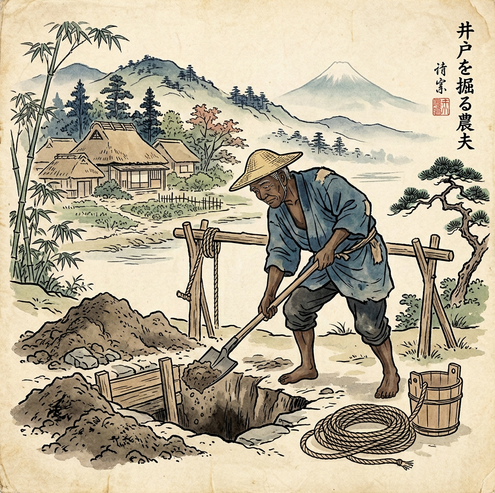 Japanese farmer digging a well near village homes beneath Mount Fuji