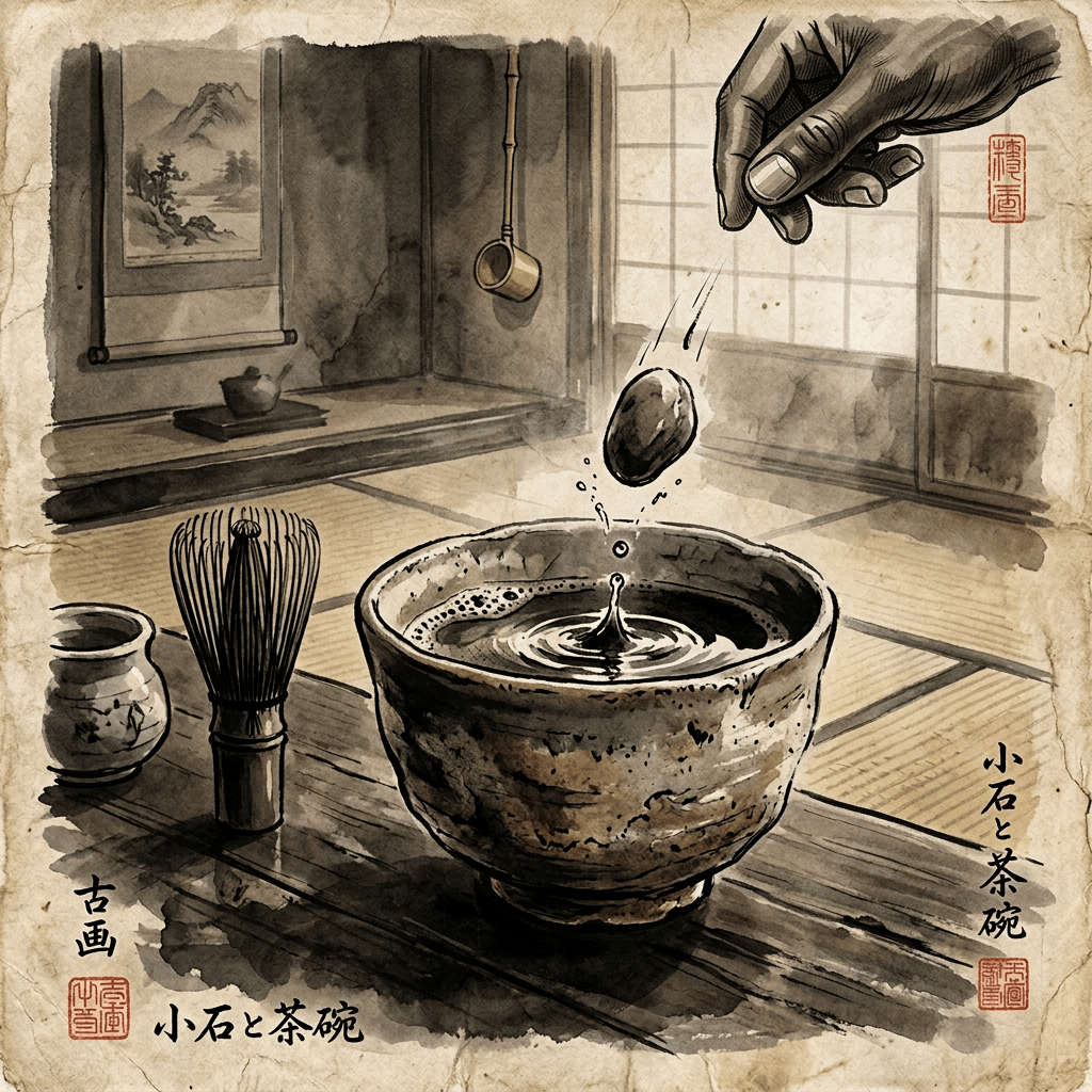 Ink-wash Japanese tea scene with bowl, whisk, falling water, and calligraphy