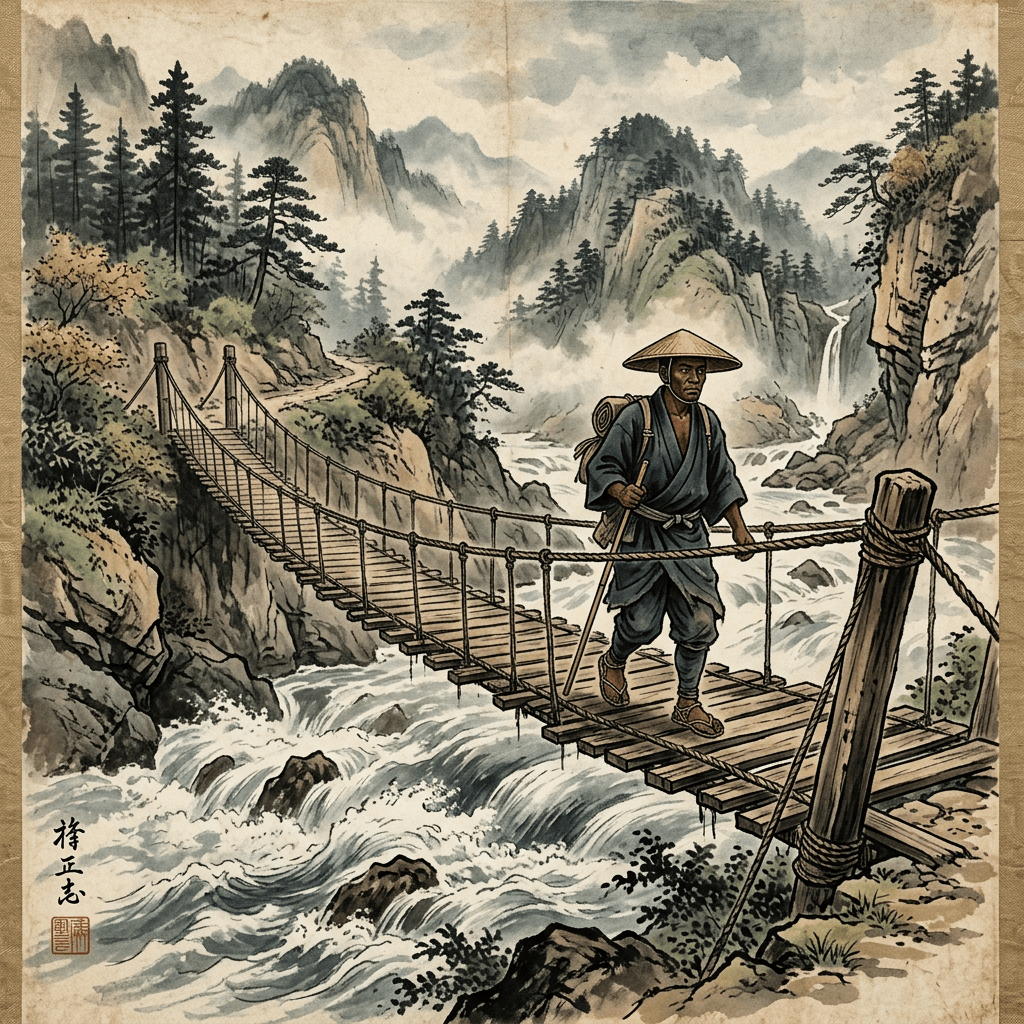 Dark-skinned man crossing an old bridge