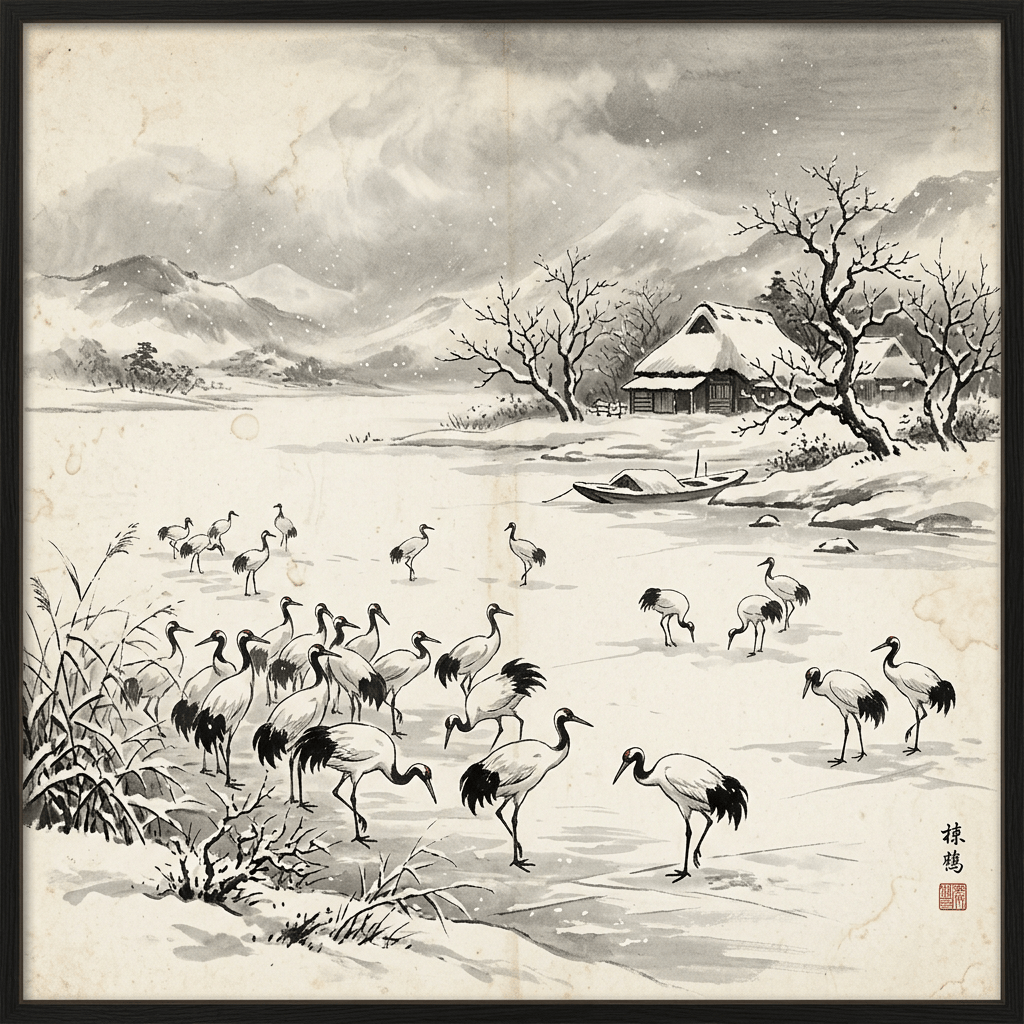 Red-crowned cranes on snowy ground beside a Japanese village and boat