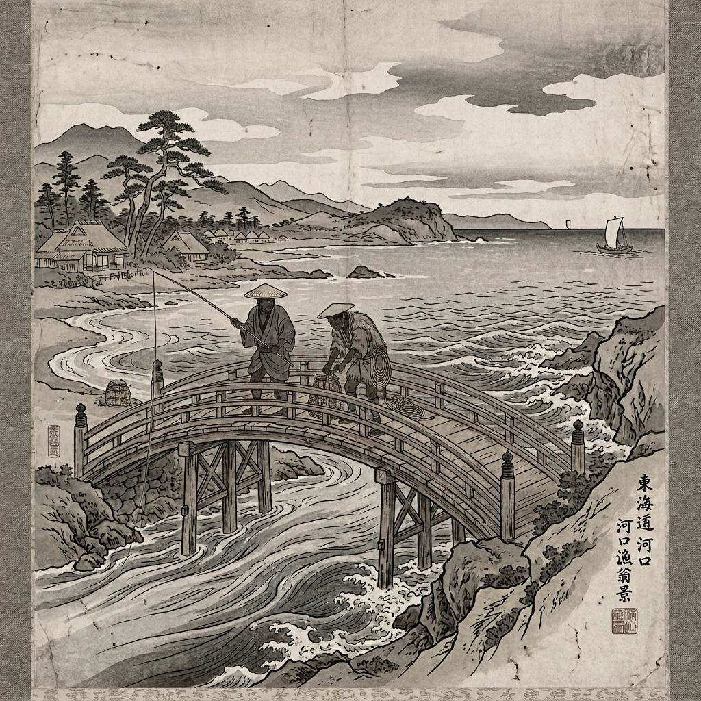 Two fishermen crossing a wooden bridge over coastal rapids near a village